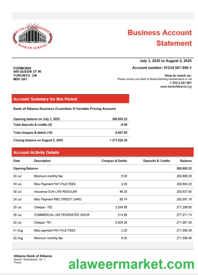 Bank of Albania business account statement Word and PDF template